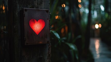 Illuminated heart shaped light displayed on a weathered metal box