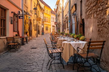 Charming Outdoor Cafe Nestled on a Quaint Cobblestone Street Bathed in Golden Afternoon Sunlight Generative AI
