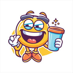 Vector logo design template and graphic elements for advertising, branding, posters and banners, funny cartoon illustrations with smiling character, coffee cup mascot, print and sticker