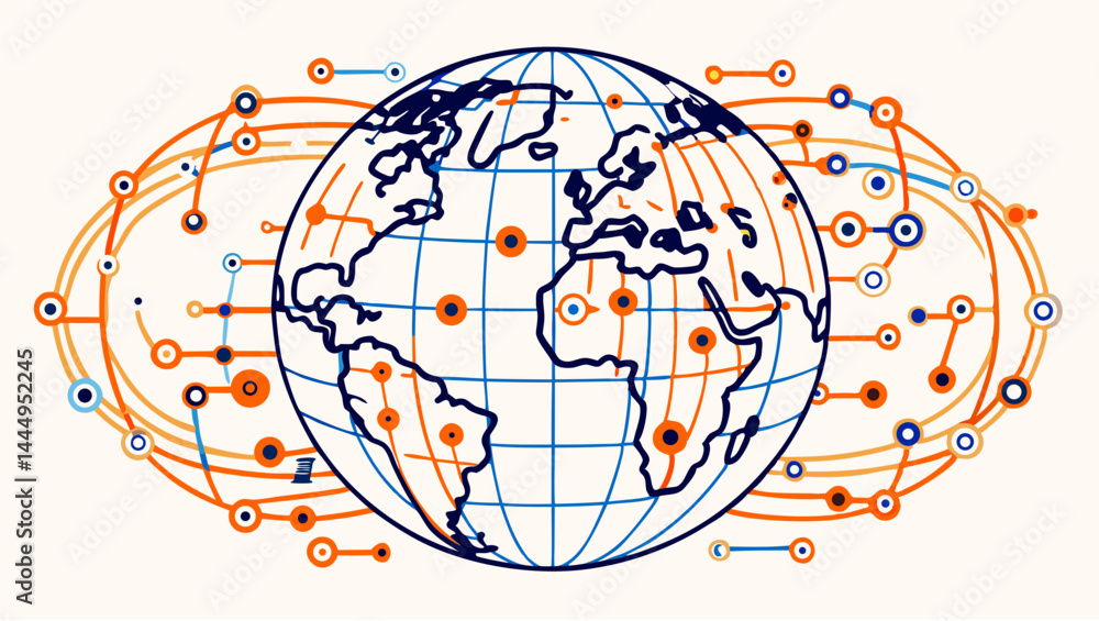 Poster illustration of a globe with a blue grid and orange dots connected by lines in a network design