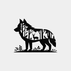 Wolf Silhouette with Forest Interior and Wildlife