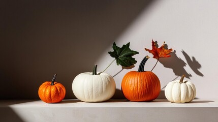 Four small pumpkins of different sizes and shapes arranged on a white surface. the pumpkins are of different colors - one is orange, one is white, and one is yellow.