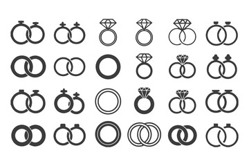 Romantic Engagement and Wedding Ring Vector Set. Diamond Icons and Love Symbols for Invitations, Jewelry Branding, Marriage Themes and Romantic Design Illustrations
