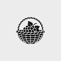 Black and White Icon of Grapes in a Basket