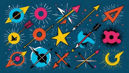 Fototapeta premium Vector arrows and graphic symbols in bold colorful abstract flat style on blue background