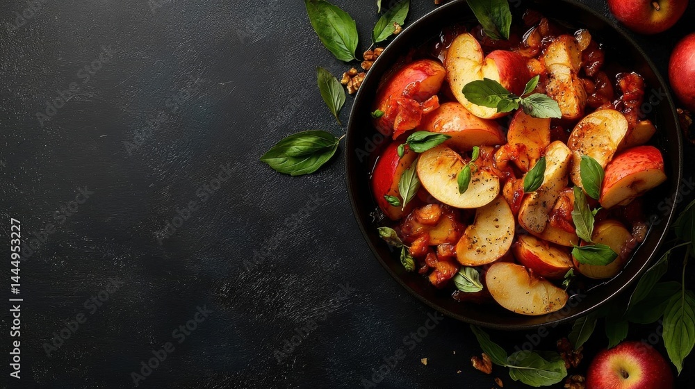 Poster black bowl filled with a dish of sliced apples and herbs. the apples are cut into small cubes and ar