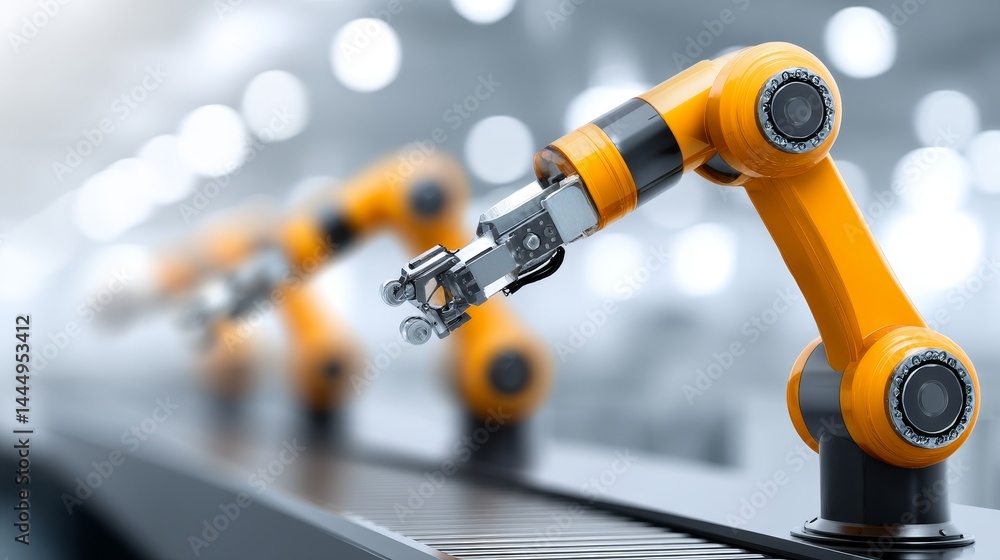 Poster industrial robotic arms on assembly line - close-up of advanced robotic arms performing automated ta