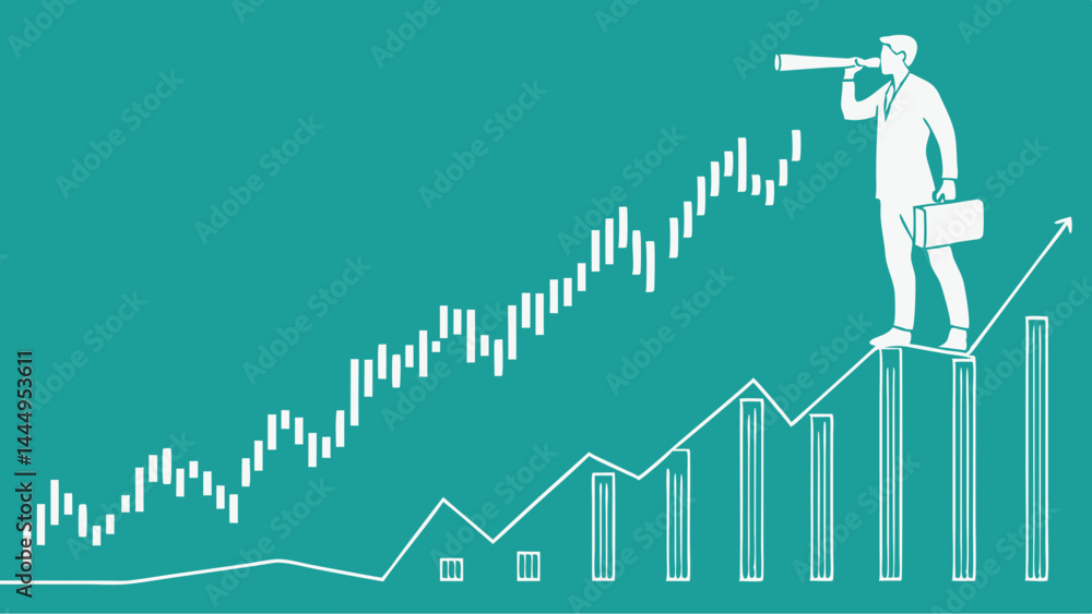 Poster man on rising graph looking through telescope with briefcase in hand on a teal colored background