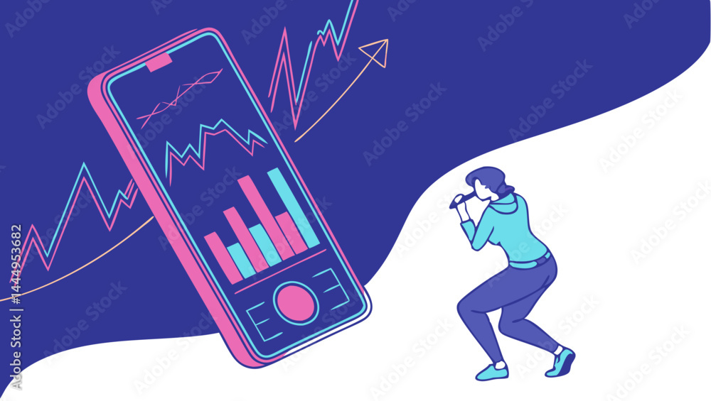 Poster woman analyzing stock market data on a smartphone with upward trending graph and bar chart displayed