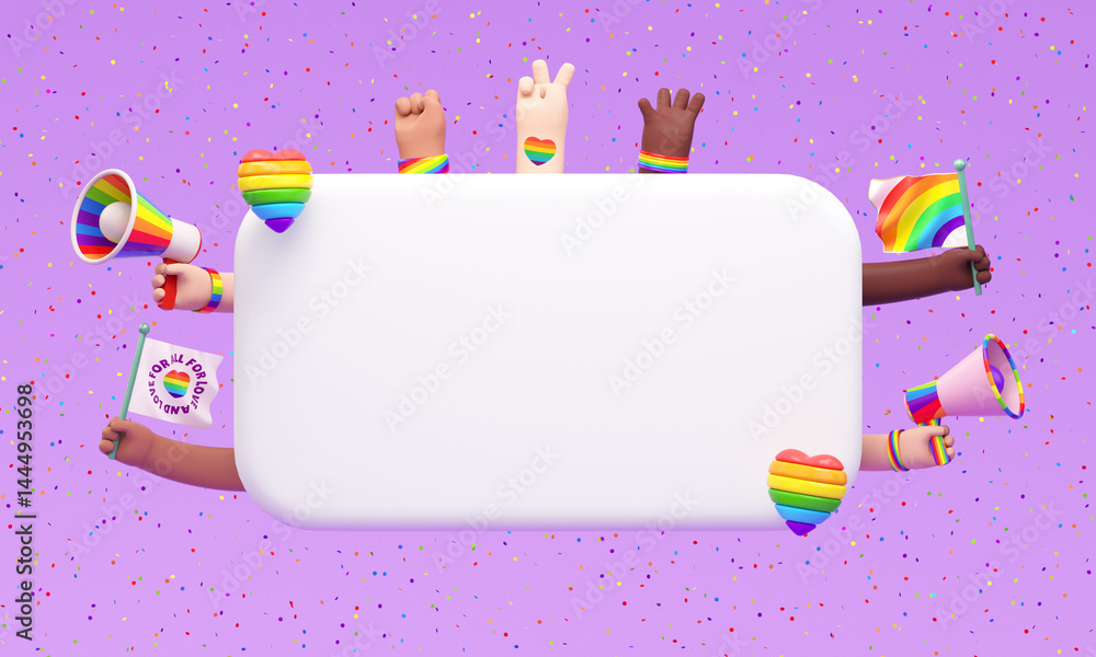Aufkleber happy pride banner design with blank message text box and festive hands with flags and megaphones in