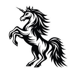 Obraz premium Heraldic Unicorn Silhouette, Rearing Stallion, Mythical Creature, Black and White Design