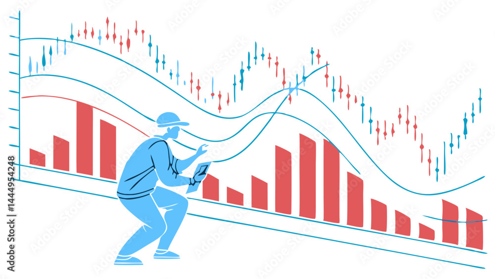 Poster illustration of a person in blue looking at a stock chart with red bars and green lines analysis gra