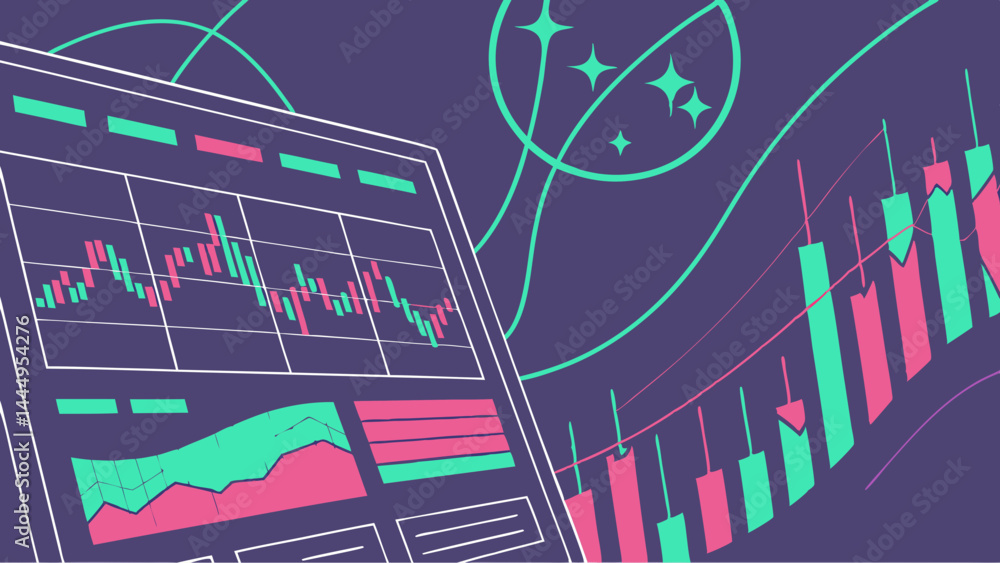 Aufkleber illustration of a screen displaying stock market data with rising and falling candlesticks chart vie