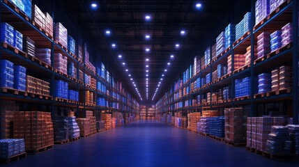 Expansive distribution warehouse interior illuminated by industrial lighting array