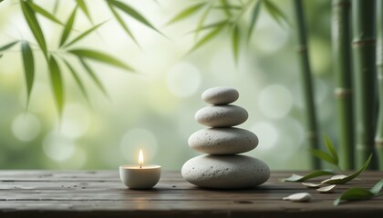 Balanced Tranquility: Zen Stones, Candle, and Bamboo for Relaxation