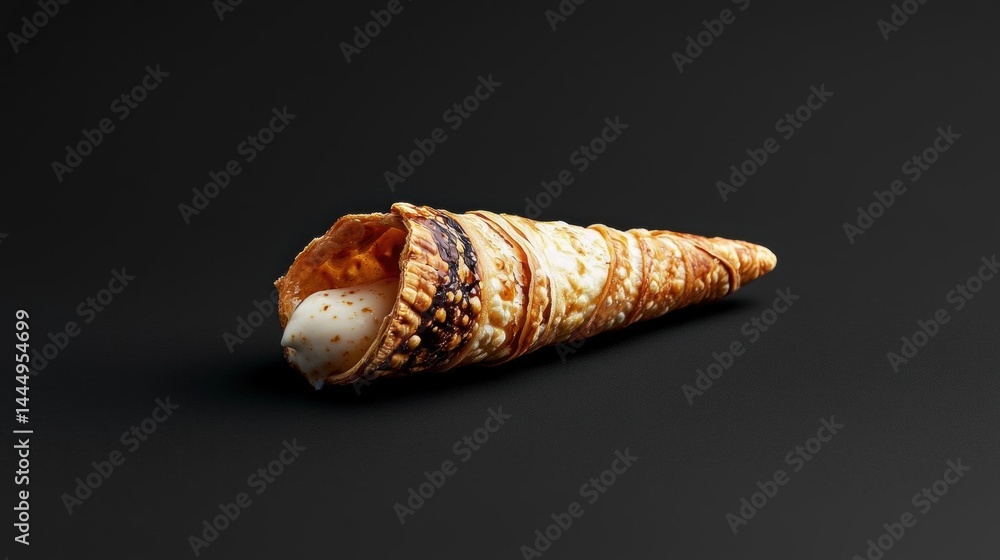 Aufkleber close-up of a conch shell on a black background. the shell is long and cylindrical in shape, with a 