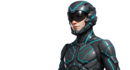 A person in futuristic attire with a gray suit and helmet illuminated by bright blue lines, evoking science fiction and modern design elements.