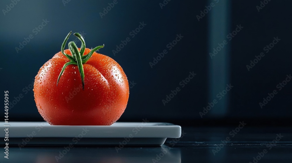 Poster close-up of a single tomato on a white plate. the tomato is bright red in color and has a shiny text