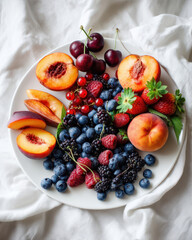 Delight in a Vibrant Plate of Fresh Summer Fruits Featuring Juicy Peaches and a Medley of Colorful Berries on a Soft White Backdrop Generative AI