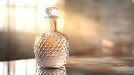 Elegant glass decanter,  illuminated by sunlight, reflecting on a smooth surface