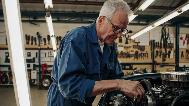 Experienced mechanic working under the hood of a classic car, performing maintenance and repairs in a professional workshop
