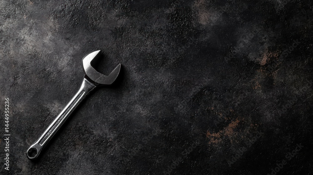 Fototapete close-up of a wrench lying on a dark, textured surface. the wrench is silver in color and has a long