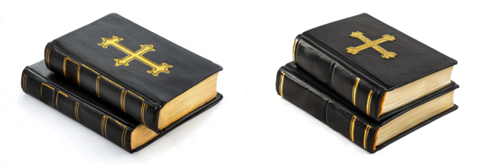  Bibles with golden crosses isolated on a transparent background. 