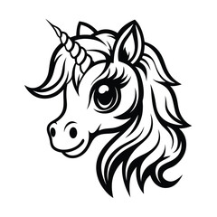 Black and White Unicorn Head, Fantasy Animal, Magic Creature, Mythical, Isolated Art