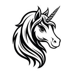 Stylized Unicorn Head with Flowing Mane on Black Background, Monochrome Design