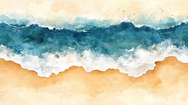 Watercolor vista featuring turquoise sea meeting sandy shore in delicate washes