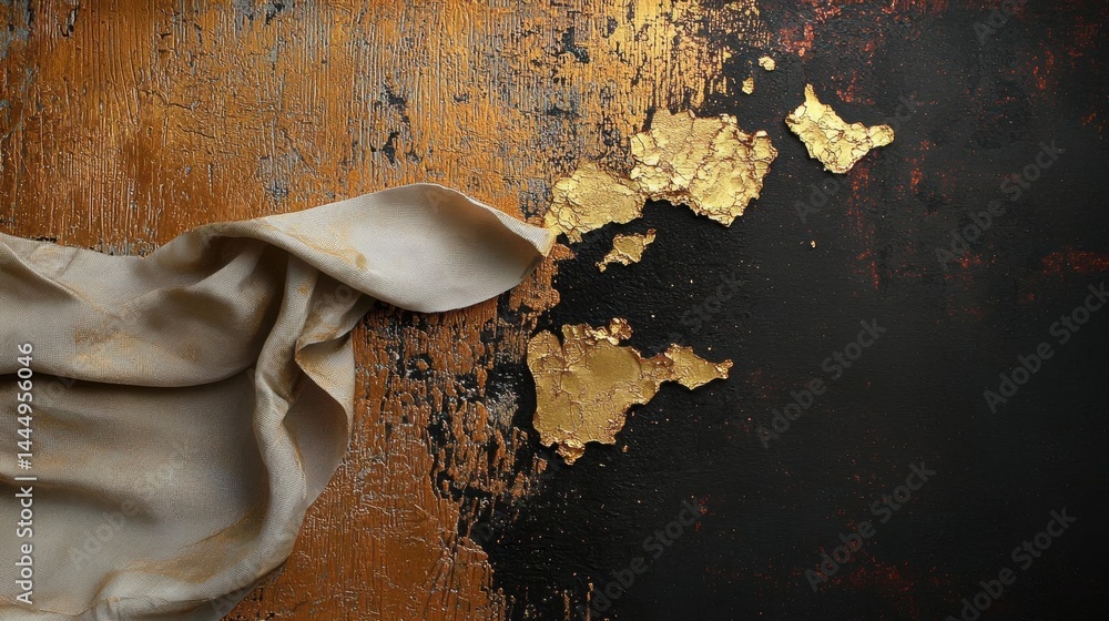 Poster close-up of a piece of fabric on a wooden surface. the fabric appears to be a light beige color and 