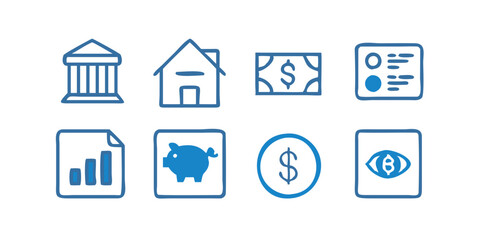 Finance and banking icon set with bank building, piggy bank, credit card, dollar sign. Collection of flat style financial symbols and money-related UI icons for fintech and banking services.


