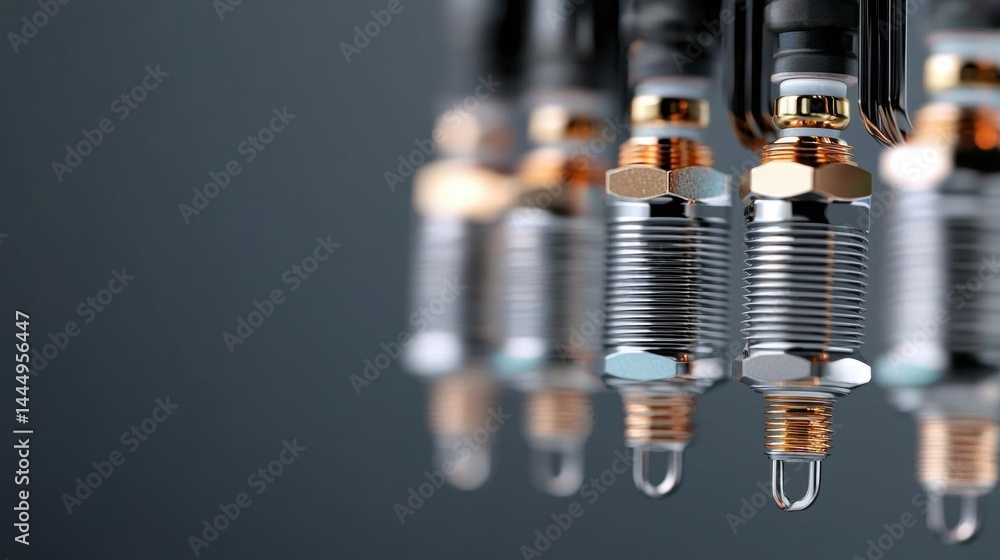 Poster group of spark plugs of different sizes and shapes. the spark plugs are arranged in a row, with the 