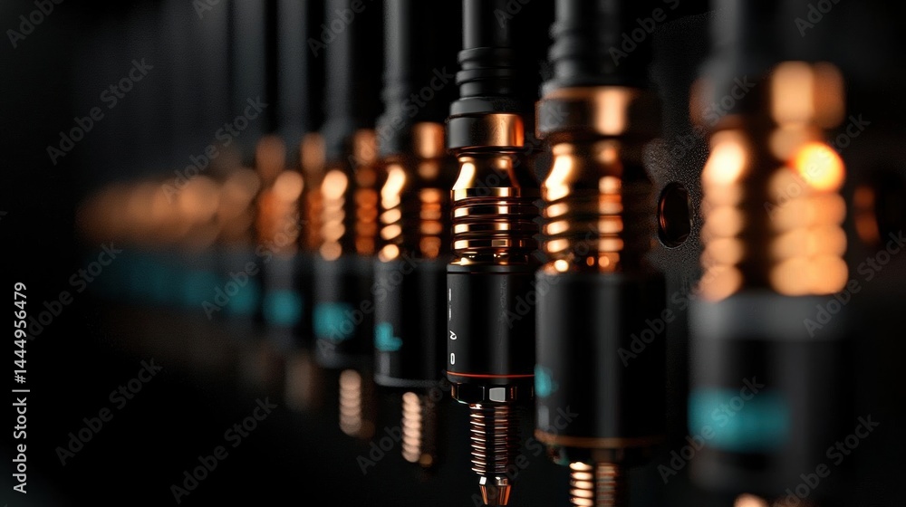 Poster row of audio cables in a dark room. the cables are arranged in a vertical line, with each cable slig