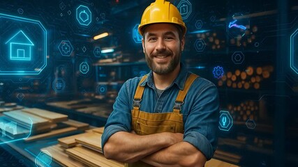 Smiling Carpenter in Smart Workshop Surrounded by Digital Home Icons Representing Tech-Enabled Woodworking and Construction Skills
- Powered by Adobe