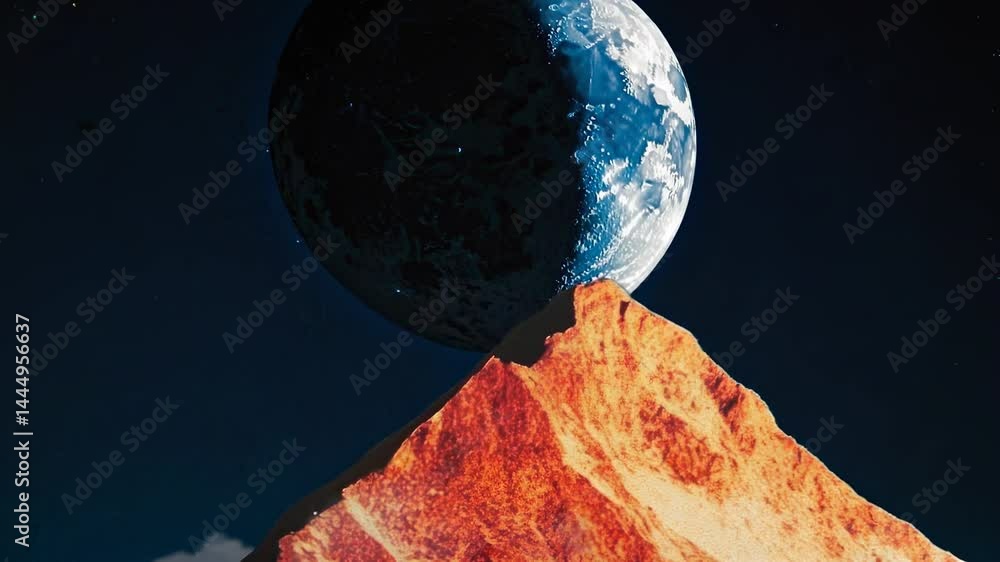 Poster surreal video concept with a low-angle view of a textured moon resting on a mountain peak, blending 