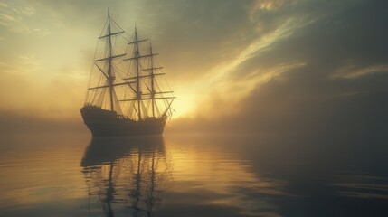 Fototapeta premium Silhouetted sailing ship at sunrise in misty seas