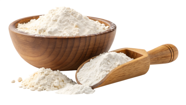Wooden bowl and scoop of flour isolated on a white background png