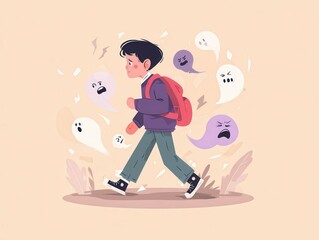 Student walking and feeling anxious, surrounded by ghosts representing his fears
