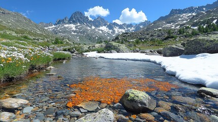 Alpine stream with orange algae blooms, melting snow, and wildflowers. Majestic mountains in background