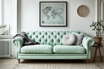 Elegant Mint Green Chesterfield Sofa in a Bright Living Room with Map Art and Decorative Elements