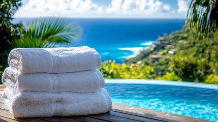 Plakat Luxurious resort with swimming pool, cotton white fluffy bath towels, exotic tranquil sea view