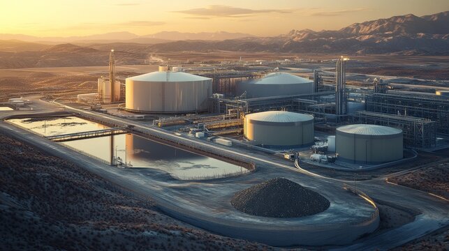 An exterior view captures a waste processing facility featuring large storage bunkers and various transportation vehicles. The background showcases a mountainous region, highlighting the time of day