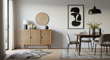 Interior of dining room with wooden sideboard table and abstract art