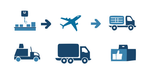 Collection of cargo and transport vector icons including delivery van, freight ship, airplane, and warehouse symbols, designed for shipping, logistics, courier, and supply chain concepts.


