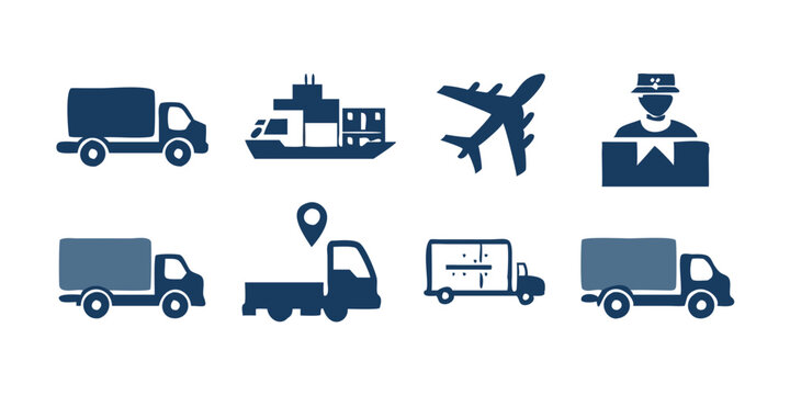Collection of cargo and transport vector icons including delivery van, freight ship, airplane, and warehouse symbols, designed for shipping, logistics, courier, and supply chain concepts.

