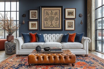 Dynamic gallery wall with framed art, plush white sofa with navy blue accents, and stylish coffee table in a modern living room.