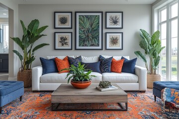 Dynamic gallery wall with framed art, plush white sofa with navy blue accents, and stylish coffee table in a modern living room.