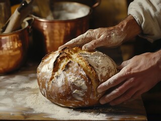 Fototapeta premium Freshly baked bread being shaped and handled by a skilled artisan in a rustic kitchen during the afternoon