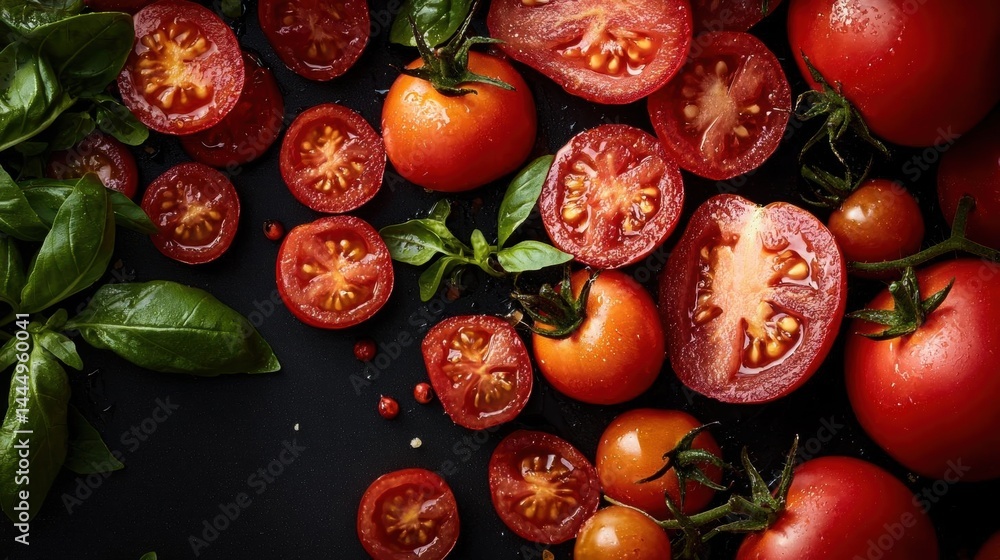Poster close-up of a group of red tomatoes and basil leaves on a black background. the tomatoes are arrange